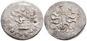 Greek
MYSIA. Pergamon. Circa 166-67 BC. Cistophorus (Silver, 27,5 mm, 12.5 g, 1 h), circa 85-75. Cista mystica from which snake coils; around, ivy wr...