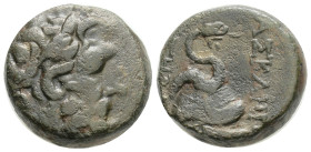 Mysia, Pergamon. AE, Circa 133-27 BC. 7,5 g 18,8 mm.
Obv: Laureate head of Asklepios to right.
Rev. AΣKΛHΠIOΣ – ΣΩTHPOΣ, Serpent coiled around ompha...