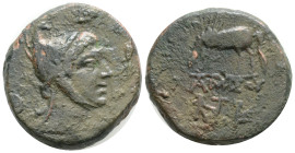 Greek, PONTOS, Amisos, Time of Mithradates VI Eupator (Circa 120-63 BC) AE Bronze (25 mm, 13 g)
Obv: Head of Perseus right, wearing Phrygian cap.
Re...