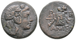 Greek, PONTOS, Amisos, Time of Mithradates VI Eupator (Circa 120-63 BC) AE Bronze (20,5 mm, 8,1 g)
OBv: Head of Dionysos right, wearing ivy wreath
R...