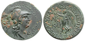 Cilicia, Seleukeia ad Calycadnum Æ 2 Pseudo-autonomous issue, mid-1st century BC. 7,7 g. 24,4 mm. Helmeted and draped bust of Athena to right; ΣA to l...