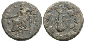 Cilicia, Tarsos Æ Circa 164-27 BC. Club tied with fillets, M to left, HTP monogram to right; ΛYΣIAΣ below; all within oak wreath / [TAPΣEΩN], Zeus Nik...