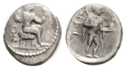 CILICIA. Tarsos. Tiribazos (Satrap of Lydia, 388-380). Obol.
Obv: Baaltars seated right on throne, holding eagle and lotus-tipped sceptre; monogram t...