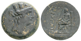 Greek
CILICIA, Tarsos (Circa 164-27 BC) AE Bronze (16,3 mm, 5,4 g)
Obv: Turreted head of Tyche right; monogram to left.
Rev: ΤΑΡΣΕΩΝ. Zeus seated l...