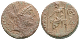 Greek
CILICIA, Tarsos (Circa 164-27 BC) AE Bronze (19 mm, 5,4 g)
Obv: Turreted head of Tyche right; monogram to left.
Rev: ΤΑΡΣΕΩΝ. Zeus seated lef...