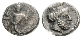 CILICIA, Tarsos. Tiribazos, satrap of Lydia, (Circa 388-380 BC)
AR Obol (9.5 mm, 0.71 g.)
Baaltars standing front, head to left, holding eagle in hi...