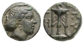 Mysia, Kyzikos. Ae, Circa 300-200 BC. 1,3 g 10,6 mm.
Obv: Head of Kore Soteira to right, wearing oak wreath, her hair in sphendone
Rev: K-Y Z-I, tri...