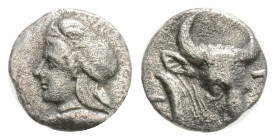 Mysia, Kyzikos AR Hemiobol. c. 410-400. Head of Attis l., wearing Phrygian cap; tunny below / Bull’s head .
0.32 g 7,4 mm
