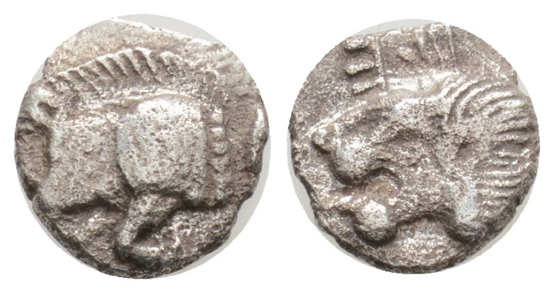 Mysia, Kyzikos AR Obol (?). 525-475 BC. Forepart of boar left, tunny fish behind...