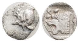 Mysia, Kyzikos AR Obol (?). 525-475 BC. Forepart of boar left, tunny fish behind / Head of roaring lion left, within incuse square. 0.35 g, 9,7 mm,