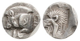 Mysia, Kyzikos AR Obol (?). 525-475 BC. Forepart of boar left, tunny fish behind / Head of roaring lion left, within incuse square. 0.40 g, 9, mm,
