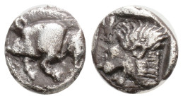 Mysia, Kyzikos AR Obol (?). 525-475 BC. Forepart of boar left, tunny fish behind / Head of roaring lion left, within incuse square. 0.69 g, 9,1 mm,