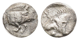 Mysia, Kyzikos AR Obol (?). 525-475 BC. Forepart of boar left, tunny fish behind / Head of roaring lion left, within incuse square. 0.27 g, 6,8 mm,