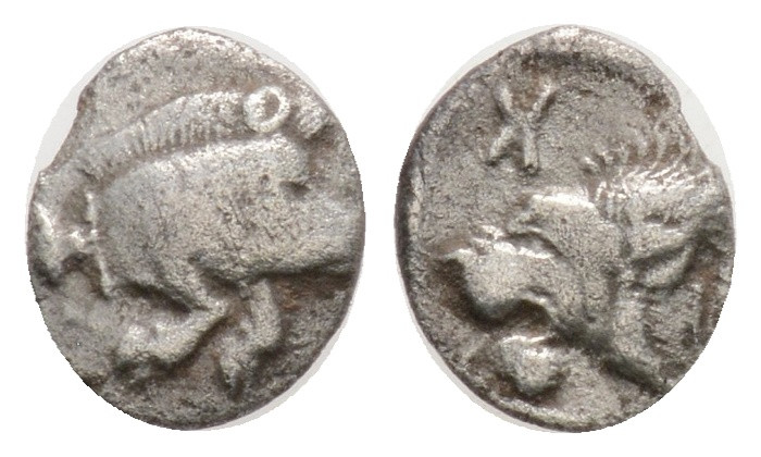 Mysia, Kyzikos AR Obol (?). 525-475 BC. Forepart of boar right, tunny fish behin...