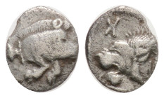 Mysia, Kyzikos AR Obol (?). 525-475 BC. Forepart of boar right, tunny fish behind / Head of roaring lion left, within incuse square. 0.25 g, 7,2 mm,