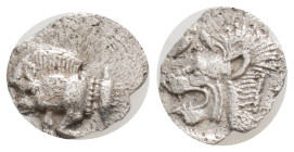 Mysia, Kyzikos AR Obol (?). 525-475 BC. Forepart of boar left, tunny fish behind / Head of roaring lion left, within incuse square. 0.31 g, 10 mm,