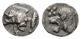 Greek
MYSIA, Kyzikos (Circa 450-400 BC) AR Obol (8,1 mm, 0.29 g)
Obv: Forepart of a boar to left; to right, tunny upward.
Rev: Head of a lion to le...