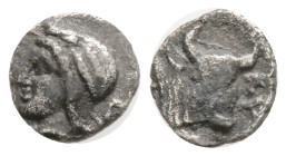 Greek
MYSIA, Kyzikos (Circa 460-410 BC) AR obol (7.6 mm, 0.35 g)
Obv: Head of Attis left, wearing Phrygian cap; below, tunny.
Rev: KY-ZI clockwise,...