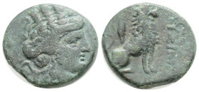 Greek
THRACE, Lysimachia. (Circa 3rd century B.C). AE Bronze (19 mm, 5,2 g).
Head of city-goddess right / Lion seated right; above, monogram.
Cf. B...