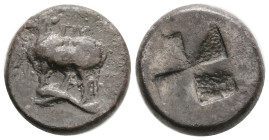 THRACE. Byzantion. Trihemiobol (Circa 340-320 BC).
Obv: Heifer standing left on dolphin left.
Rev: 'ΠΥ. Stippled quadripartite incuse square. SNG BM...