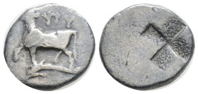 THRACE. Byzantion. Trihemiobol (Circa 340-320 BC).
Obv: Heifer standing left on dolphin left.
Rev: 'ΠΥ. Stippled quadripartite incuse square. SNG BM...