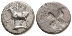 Greek THRACE, Byzantion (Circa 340-320 BC) AR Siglos-Drachm (17,2 mm, 5,2 g)
Obv: 'ΠΥ, bull standing left on dolphin left, right foreleg raised.
Rev...