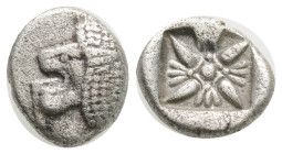 Greek IONIA, Miletos (Circa Late 6th-early 5th century BC) AR Diobol (10 mm, 1 g)
Obv: Forepart of lion right, head reverted.
Rev: Stellate pattern ...