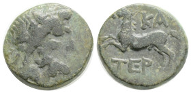 Pisidia, Termessos Æ18. 1st century BC. Laureate head of Zeus right / Horse rampant left; TEP below, Z above.
4 g 16,5 mm.