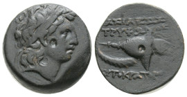 Seleukid Kingdom. Uncertain mint. Tryphon 142-138 BC. 5,6 g. 17,8 mm. Bronze Æ,
Diademed head right / BAΣIΛEΩΣ/ TPYΦΩNOΣ AYTOKPATOPOΣ, AΣK, macedonia...