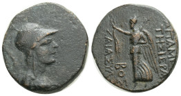 Seleukis and Pieria, Apameia Æ21. Dated SE 275 = 34/33 BC. Helmeted bust of Athena right / AΠAMEΩN THΣIEPAΣ KAI AYTONOMOY, Nike advancing right, holdi...