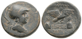 Phrygia, Apameia Æ20.Phrygia, Circa 88-40 BC. 9 g, 23,8 mm. Helmeted bust of Athena right, wearing aegis / Eagle landing right on maeander pattern; st...