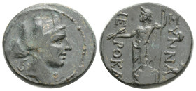 Phrygia, Synnada Æ Hierokleos, magistrate. Circa 133 BC. 6,5 g. 20,7 mm. Turreted and draped bust of Tyche to right / Zeus standing facing, head to le...