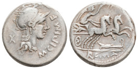 M. CIPIUS M. F. Denarius (115-114 BC). Rome. 3.9 g. 16,6 mm.
Obv: M CIPI M F. Helmeted head of Roma right; X (mark of value) to left.
Rev: ROMA. Vic...