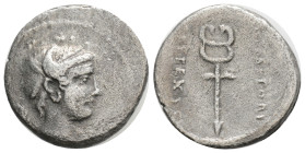 Roman Republic
M. Plaetorius M. f. Cestianus AR Denarius. Rome, 69 BC. Male head right, with flowing hair, caduceus behind / Winged caduceus, M PLAET...