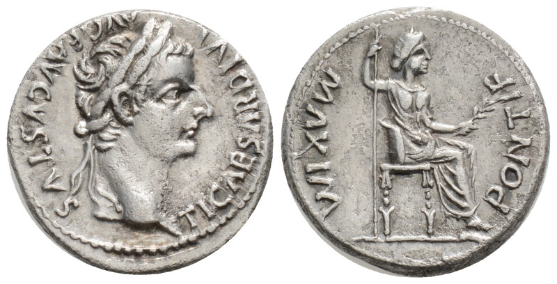 TIBERIUS, A.D. 14-37. AR Denarius (3,4 g. 18,5 mm.) Lugdunum Mint, A.D. 16-37.
...