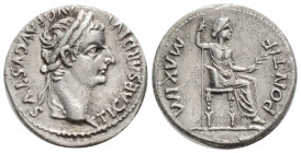 TIBERIUS, A.D. 14-37. AR Denarius (3,4 g. 18,5 mm.) Lugdunum Mint, A.D. 16-37.
RIC-30. Laureate head of Tiberius right; Rev: Livia seated to right, h...