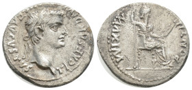 TIBERIUS (14-37). Denarius. "Tribute Penny" type. Lugdunum. 3,6 g. 19,3 mm. 
Obv: TI CAESAR DIVI AVG F AVGVSTVS. Laureate head right.
Rev: PONTIF MA...