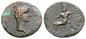 PHRYGIA, Amorium. Claudius. AD 41-54. Æ (18,3 mm, 4 g, ) Pedon and Katon, magistrates. Laureate head right / Zeus seated left, holding thunderbolt and...