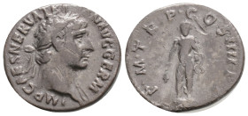Trajan (AD 98-117). AR denarius (18,8 mm, 2,7 g, ). VF. Rome, AD 101-102. IMP CAES NERVA TRAIAN AVG GERM, laureate head of Trajan right / P M TR P COS...