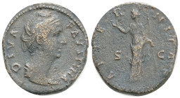 Diva Faustina (AD 138-140/1). AE as (26mm, 11.9 g. 26.9 mm. DIVA-FAVSTINA, draped bust right, AETERNITAS, Juno standing facing, head left, raising rig...