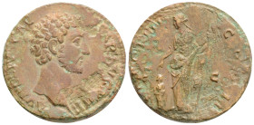 Marcus Aurelius. As Caesar, AD 139-161. Æ Sestertius Rome mint. Struck under Antoninus Pius, AD 148-149. Bare head right / Pietas standing left, holdi...