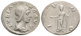 Julia Maesa AR Denarius. Antioch, AD 218-220. IVLIA MAESA AVG, draped bust right / IVNO, Juno standing left, holding patera and sceptre; peacock at fe...