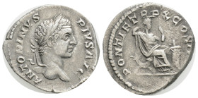 Roman Imperial 
Caracalla, 198-217. Denarius (Silver, 19,8 mm, 3.3 g. ) Rome, 207. ANTONINVS PIVS AVG Laureate head of Caracalla to right. Rev. PONTI...