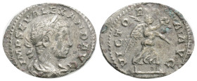 Severus Alexander AR Denarius. Antioch, AD 222. IMP SEV ALEXAND AVG, laureate and draped bust to right / VICTOR[IA A]VG, Victory advancing to right, h...