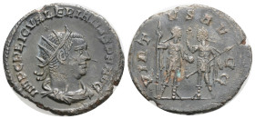 Roman Imperial
Valerian I AD 253-260. Antioch, Antoninian AR 22,9 mm., 3,2 g.
IMP C P LIC VALERIANVS AVG, radiate draped bust right / VIRTVS AVGG, V...