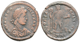 Theodosius I Æ Nummus. Nicomedia, AD 392-394. D N THEODOSIVS P F AVG, diademed, draped and cuirassed bust right / GLORIA ROMANORVM, Emperor standing f...