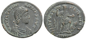 Valentinian II BI 22mm. Nicomedia, AD 383-388. 4,7 g. 25,1 mm. 
D N VALENTINIANVS P F AVG, pearl-diademed, draped and cuirassed bust to right / VIRTV...