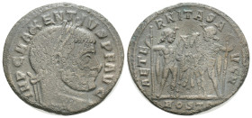 Maxentius Æ Nummus. Ostia, 312 BC. IMP C MAXENTIVS P F AVG, laureate head right / AETERNITAS AVG N, the Dioscuri standing facing each other, their hor...