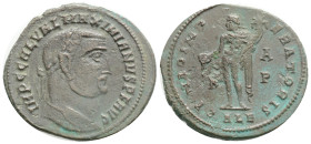 Maximianus. First reign, AD 286-305. Æ Follis Alexandria mint, 3rd officina. Struck AD 300. Laureate head right / Genius standing left, holding patera...