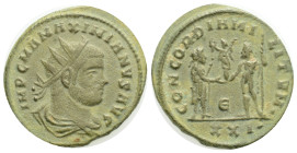 Maximian Silvered Æ Antoninianus. Cyzicus, AD 293-295. IMP C M A MAXIMIANVS AVG, radiate, draped, and cuirassed bust right / CONCORDIA MILITVM•, Maxim...